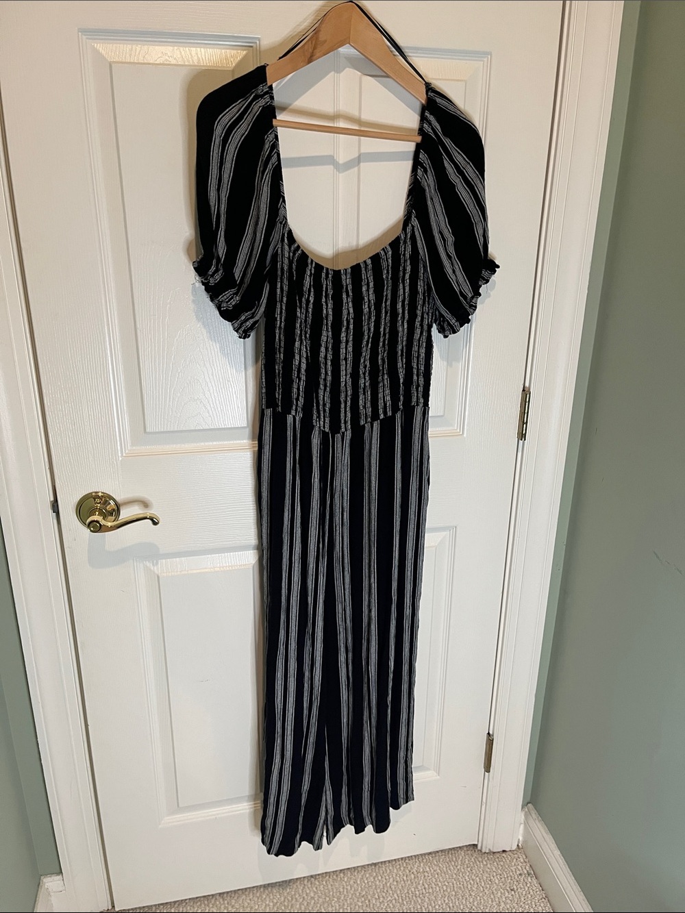 Express Black and Gray Striped Jumpsuit off shoulder